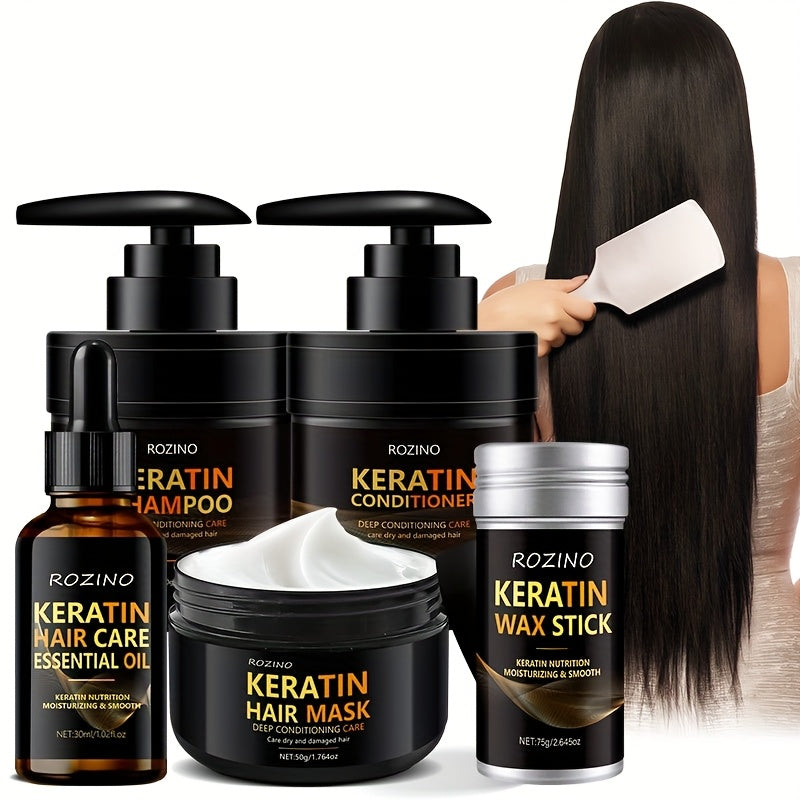 Kit Capillaire 5 en 1 – Huile Essentielle, Masque, Shampoing, Après-Shampoing & Cire