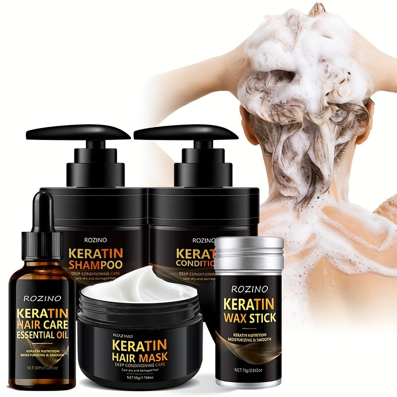 Kit Capillaire 5 en 1 – Huile Essentielle, Masque, Shampoing, Après-Shampoing & Cire