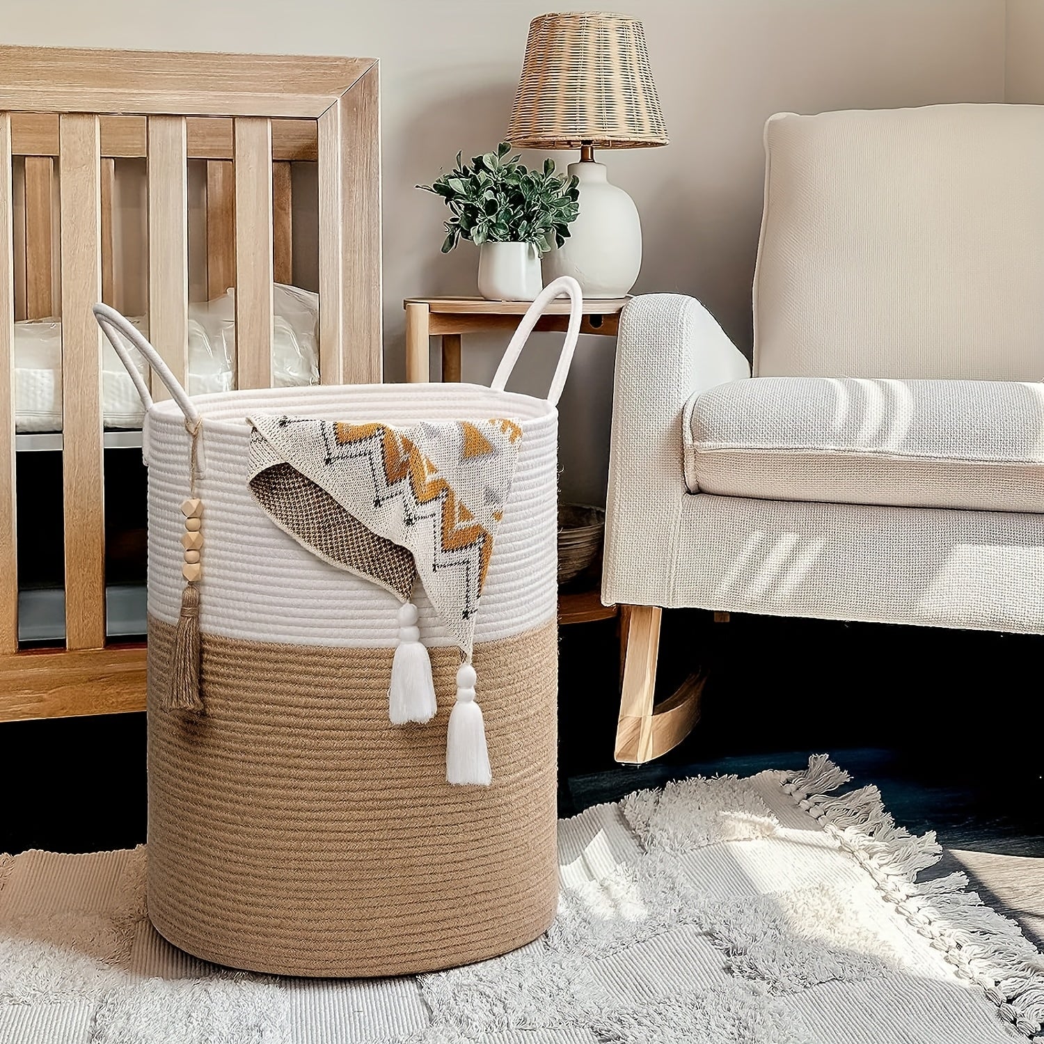 Grand Panier de Rangement en Corde avec Poignées en Osier – Élégance & Polyvalence