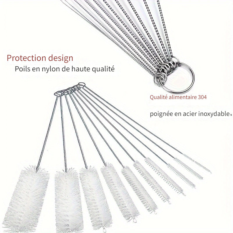 10x Brosses de Nettoyage Multi-Usages – Poils Doux & Manche Inox
